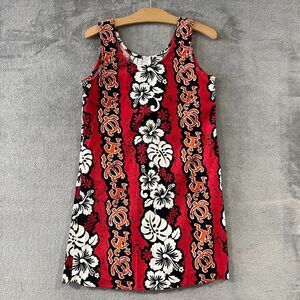 Vtg YLTE Hawaiian Dress Women’s Sz L Red Floral Tribe Turtle Sleeveless Short